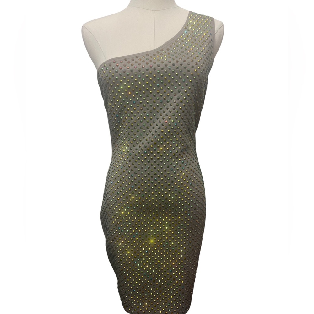 Fashion Nova one shoulder strap dress with iridescent stones.